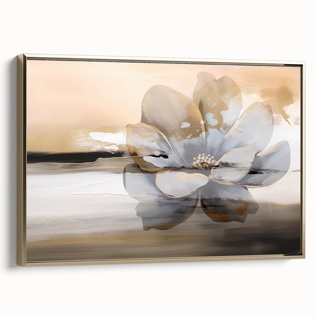 Framed canvas wall art showcasing an abstract design with gold strokes and lines, elegantly presented in a side view, perfect for modern decor.