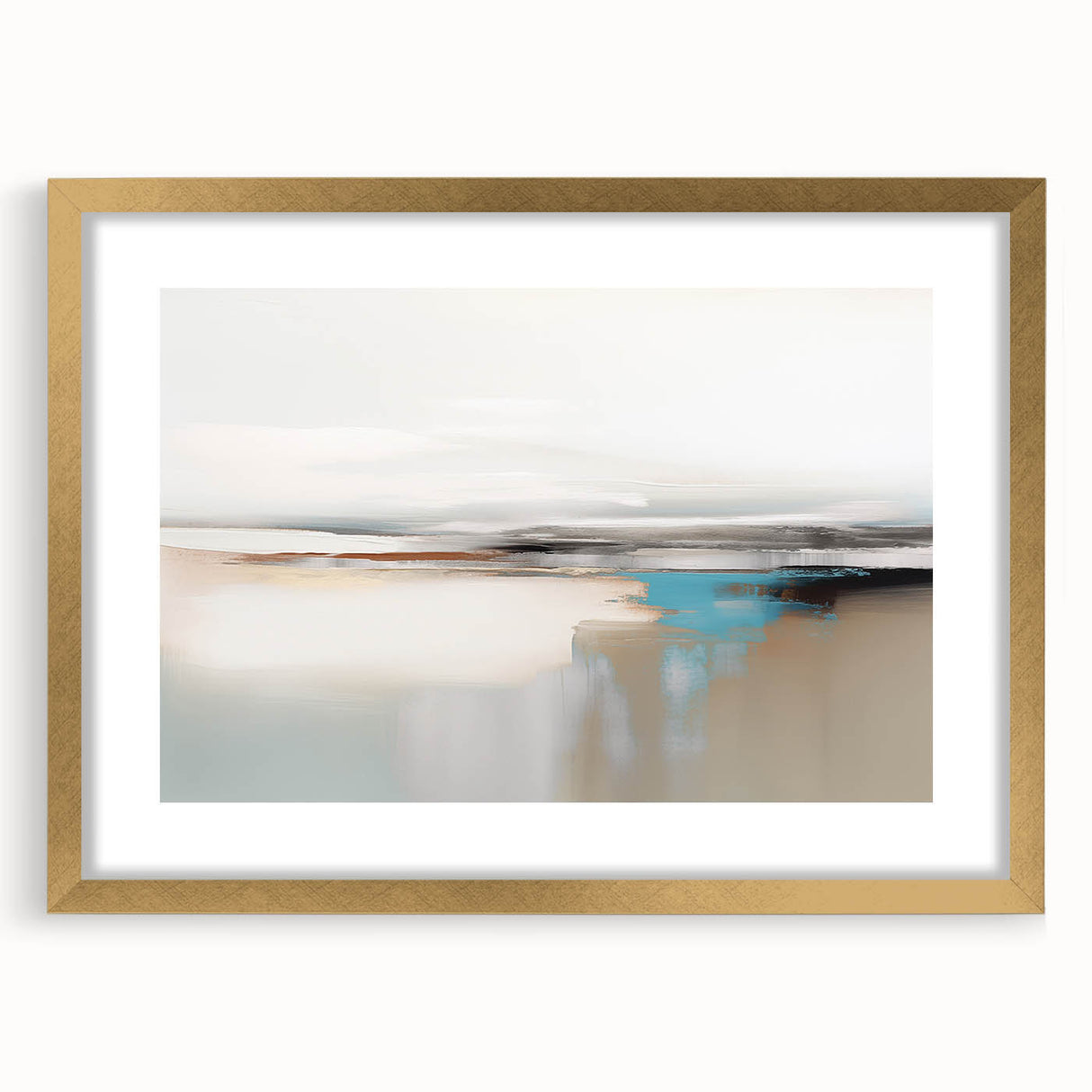 Abstract strokes and lines in muted tones create a modern wall art design, framed with a gold mat, perfect for contemporary home decor.