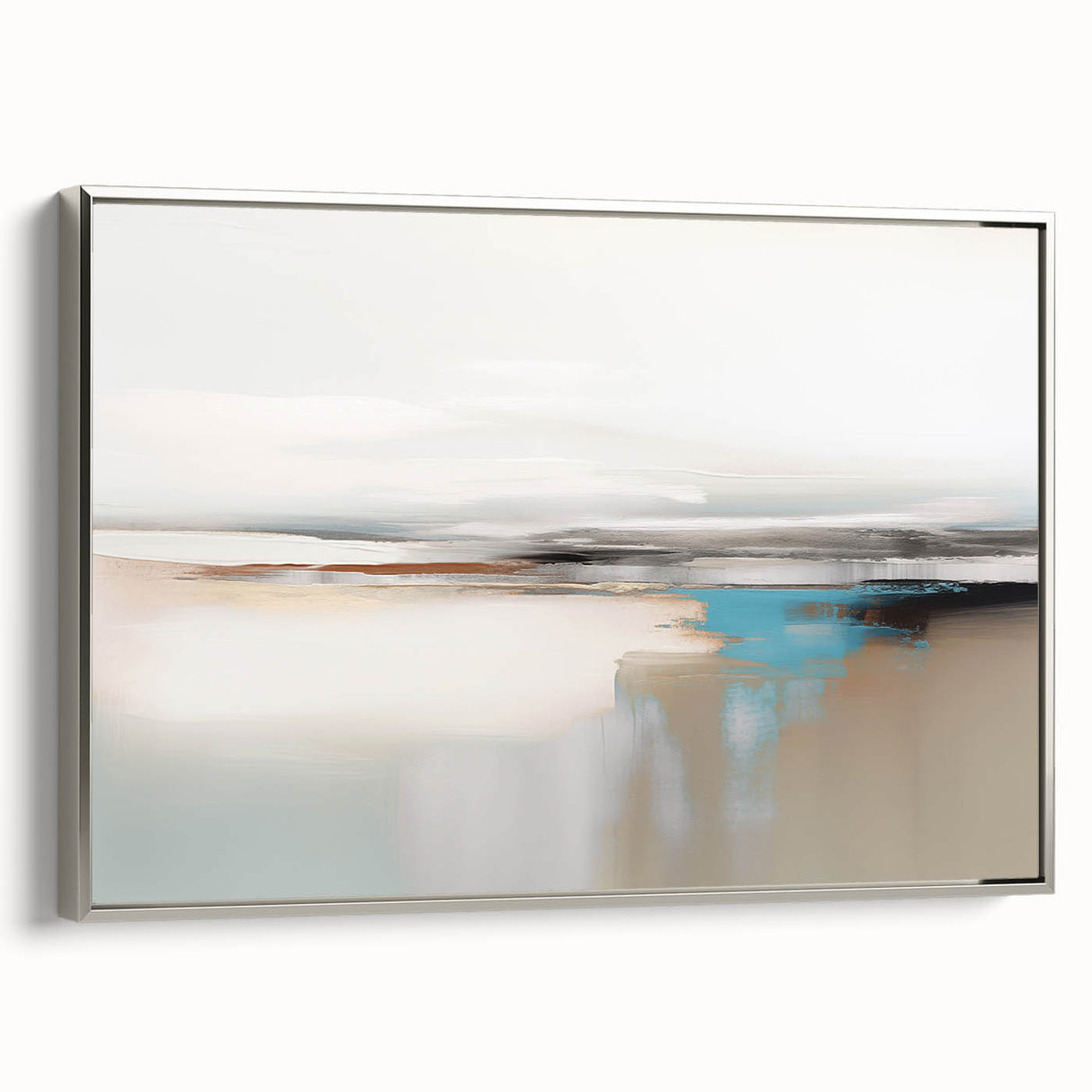 Abstract wall art featuring a modern design of silver and white strokes, elegantly framed, showcasing a contemporary aesthetic ideal for home decor.