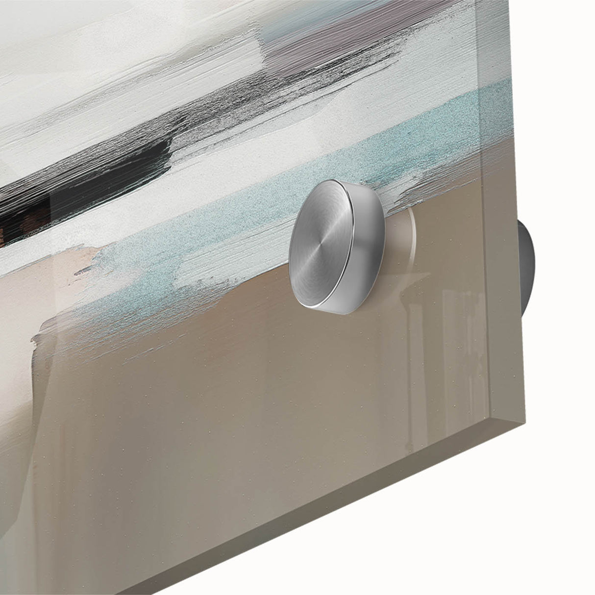 Close-up of an abstract wall art piece showcasing vibrant strokes and lines in various colors, printed on acrylic glass, perfect for modern home decor.