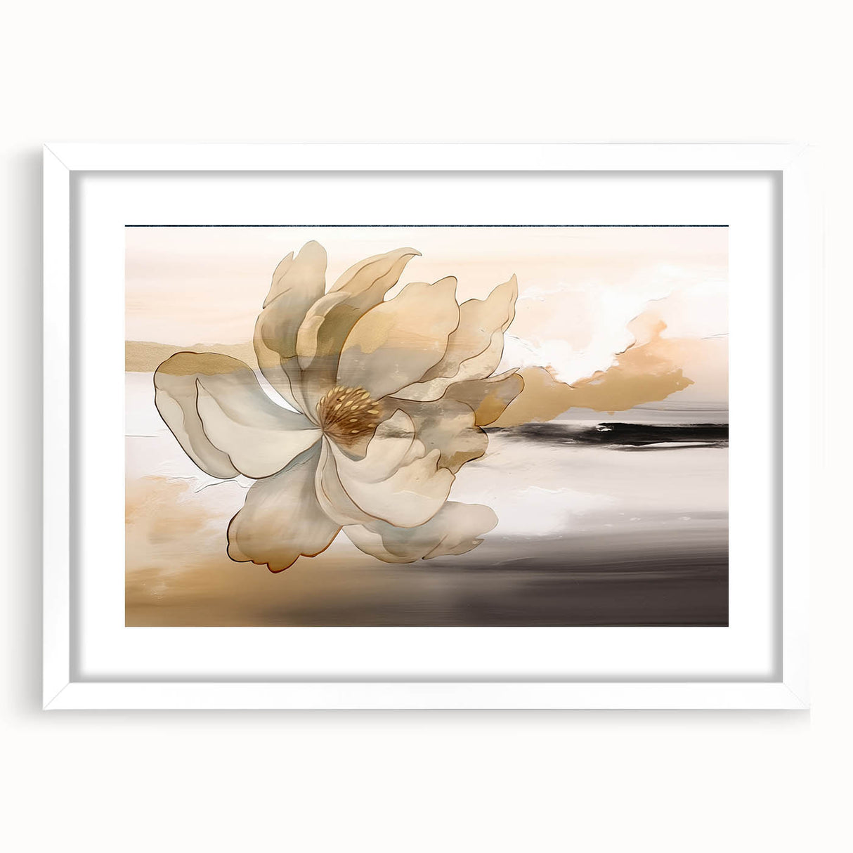 Abstract wall art featuring a modern design of colorful strokes and lines in a white frame with matting, ideal for contemporary home decor. The piece adds a vibrant touch to any room, enhancing the aesthetic appeal of living spaces or galleries.