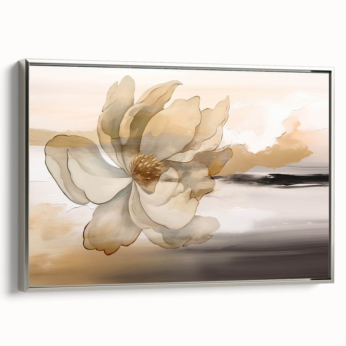 Framed canvas wall art featuring an abstract design with dynamic strokes and lines in vibrant colors, highlighted by a sleek silver frame, perfect for modern decor.