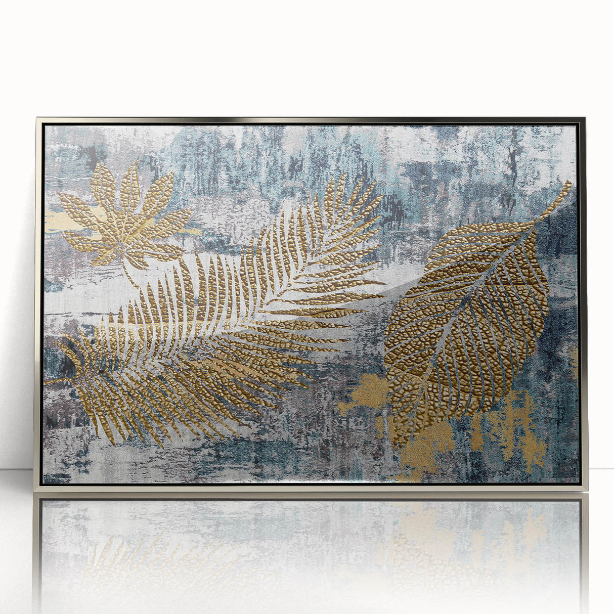 Framed wall art piece showcasing an abstract design with silver strokes and lines, elegantly presented with a sleek acrylic frame, ideal for modern decor.