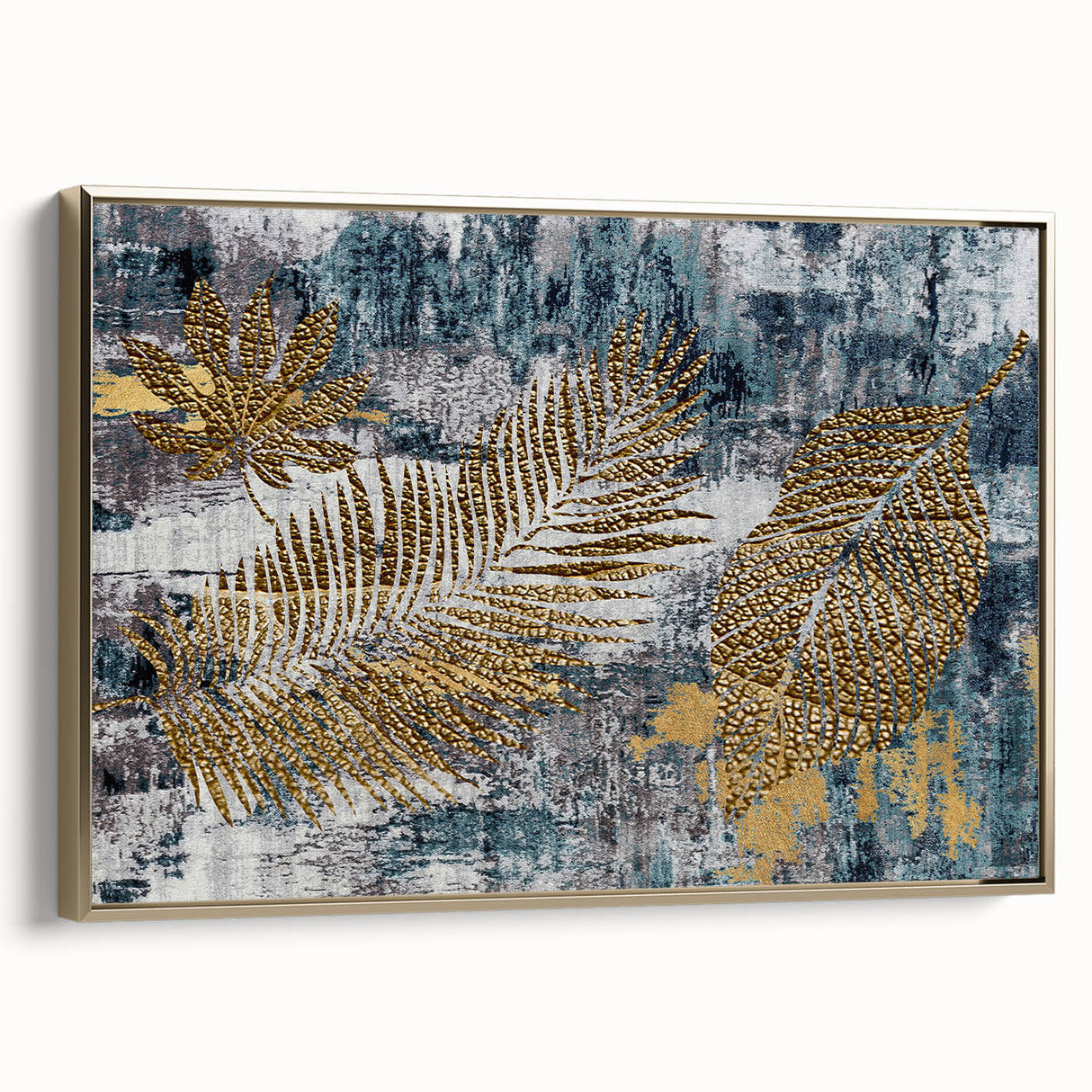 Framed canvas wall art showcasing an abstract design of gold strokes and lines against a neutral background, perfect for modern home decor.