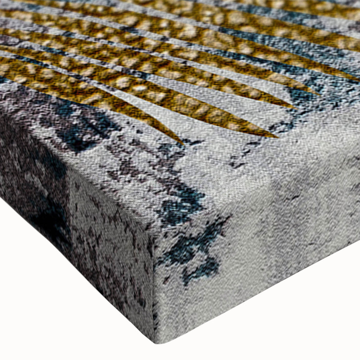 Abstract wall art featuring dynamic strokes and lines in vibrant hues of blue, orange, and yellow, printed on stretched canvas, ideal for modern decor.