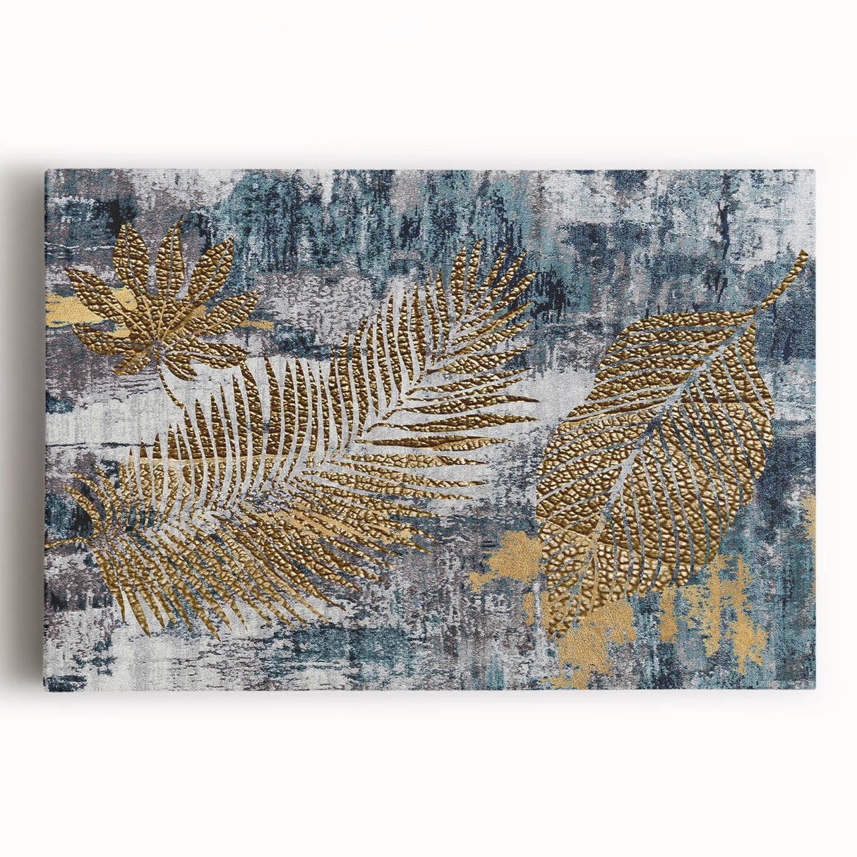 Abstract wall art featuring vibrant strokes and lines in shades of blue, orange, and yellow, showcased on a stretched canvas, perfect for modern decor.