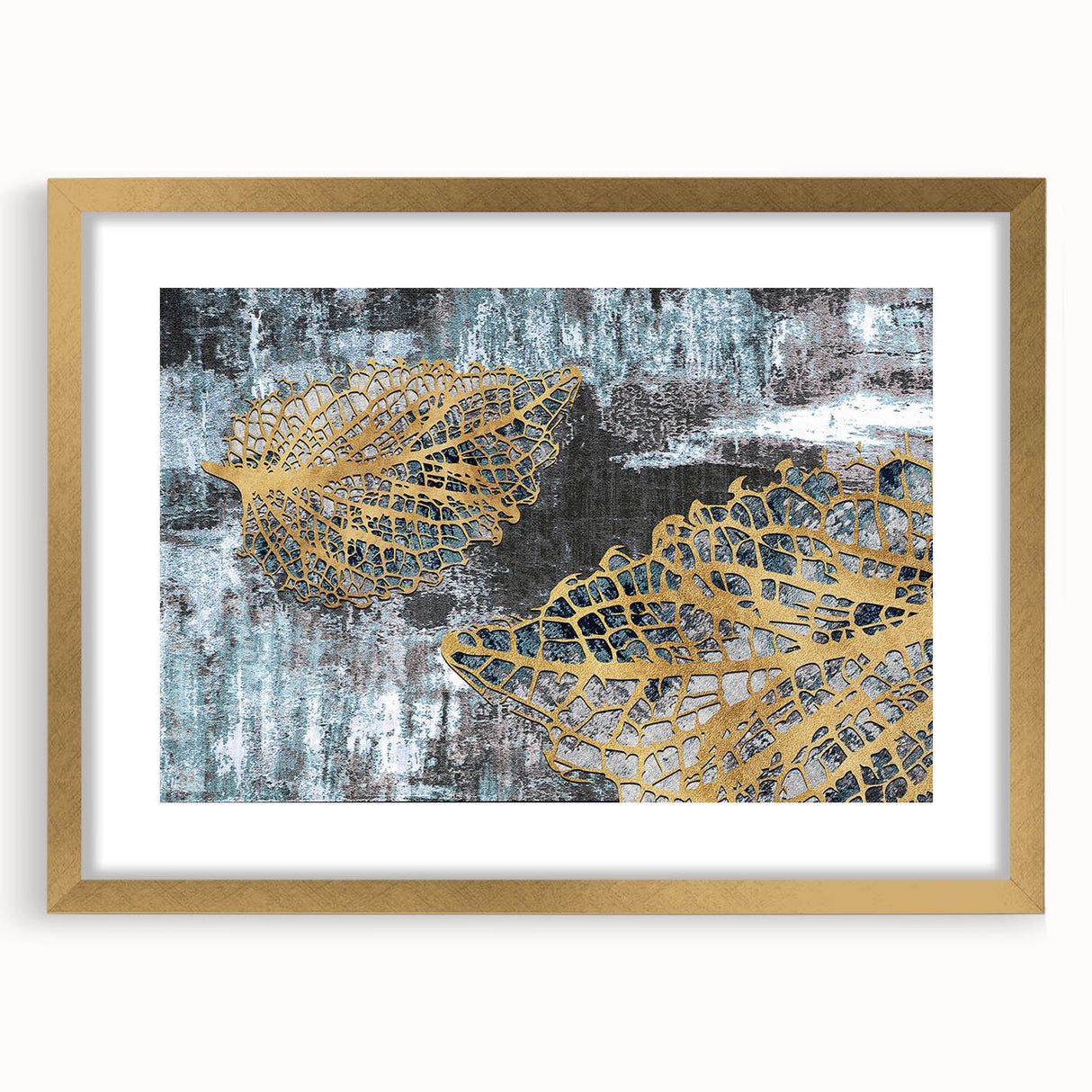 Abstract wall art featuring a collection of gold-stroked lines and shapes in a modern frame with matting, perfect for enhancing contemporary home decor.