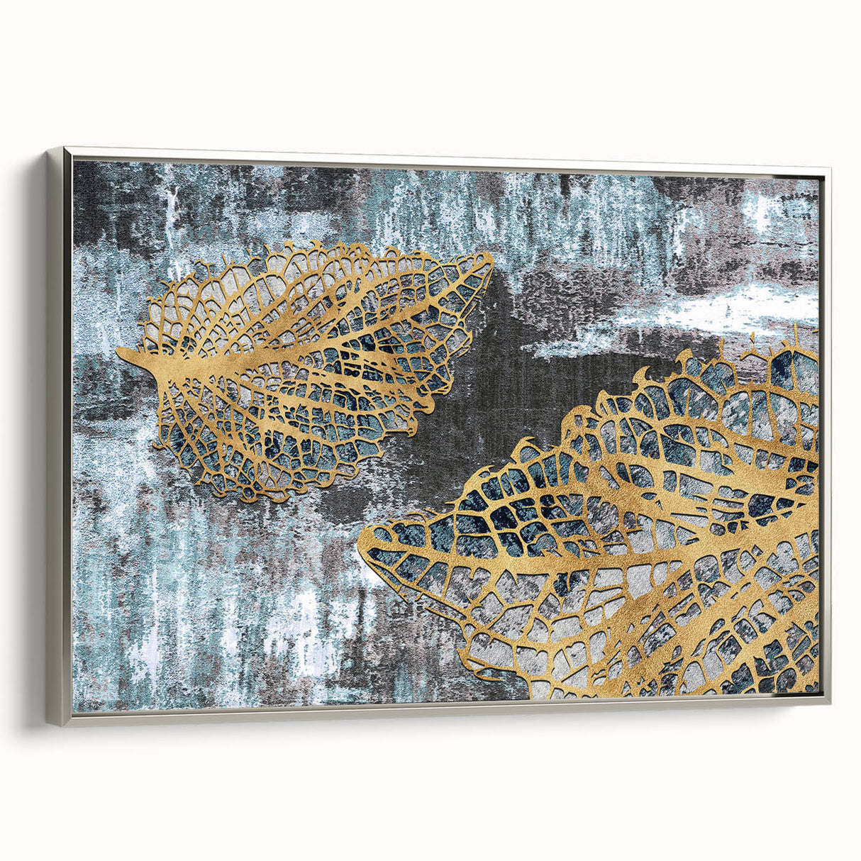 Framed canvas art piece showcasing an abstract design with dynamic strokes and lines in silver tones, ideal for contemporary home decor.