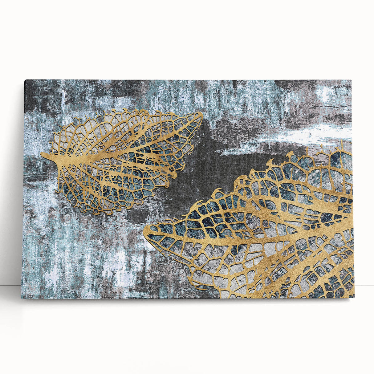 Abstract wall art featuring vibrant strokes and lines in shades of blue, orange, and yellow, displayed on a stretched canvas, leaning against a wall, perfect for modern decor.