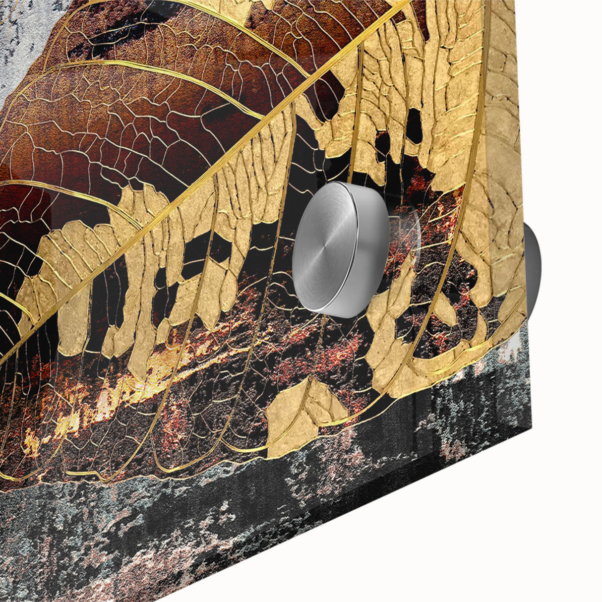 Close-up of an abstract wall art piece showcasing colorful strokes and lines, highlighting vibrant hues of blue, orange, and yellow on acrylic glass, perfect for modern décor.