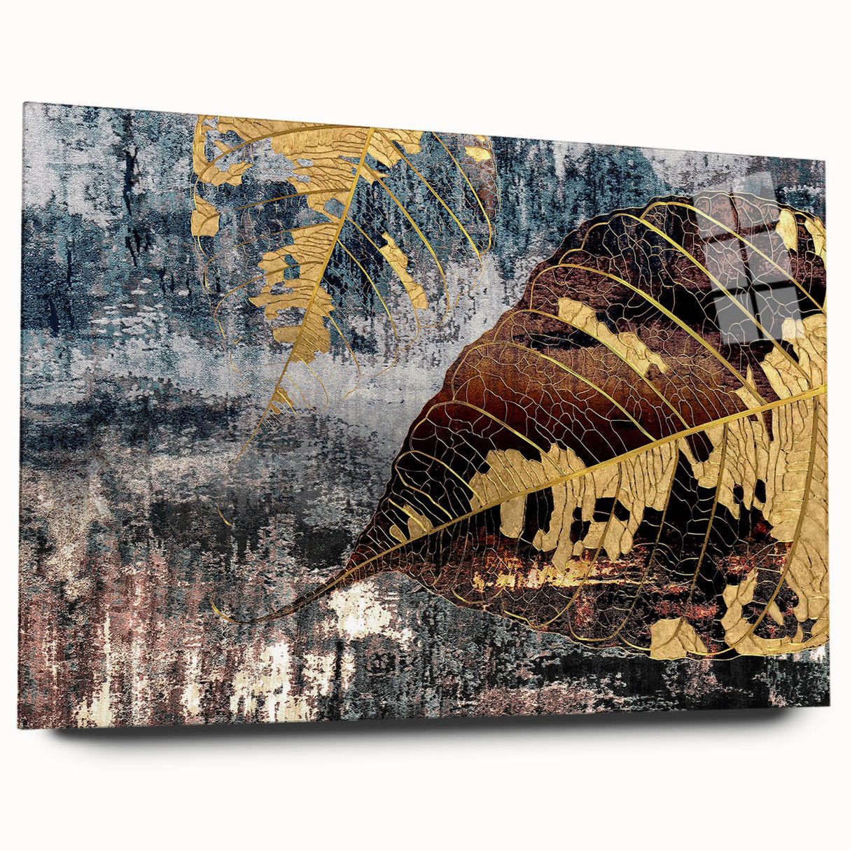 Abstract wall art featuring colorful strokes and lines on acrylic glass, showcasing a modern design with vibrant hues and a sleek side profile, perfect for contemporary decor.