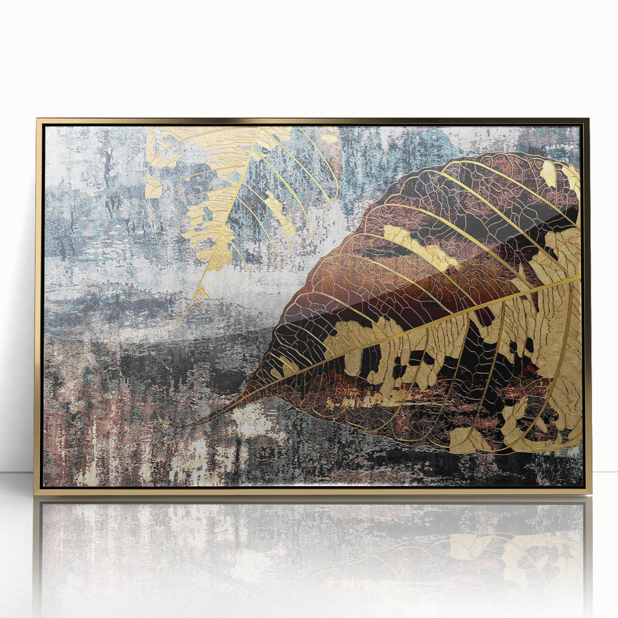 Framed wall art featuring an abstract design of gold strokes and lines on a white background, ideal for modern decor, enhancing elegance in any space.