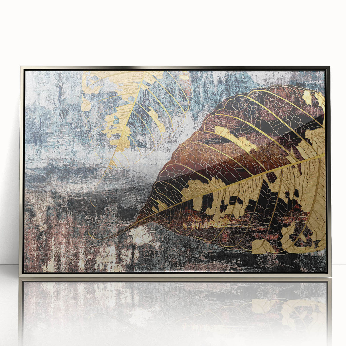 Framed wall art showcasing an abstract design of colorful strokes and lines, featuring a sleek silver frame, ideal for modern home decor.