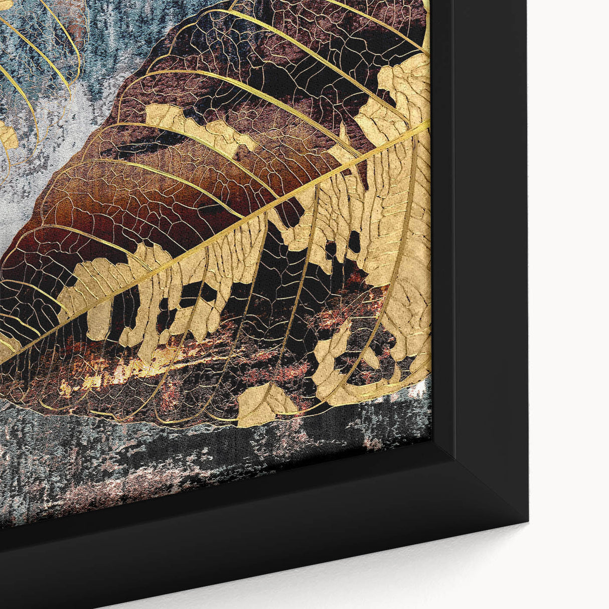 Abstract wall art showcasing a vibrant composition of strokes and lines in shades of blue, orange, and gold, presented in a framed canvas format, perfect for modern decor.