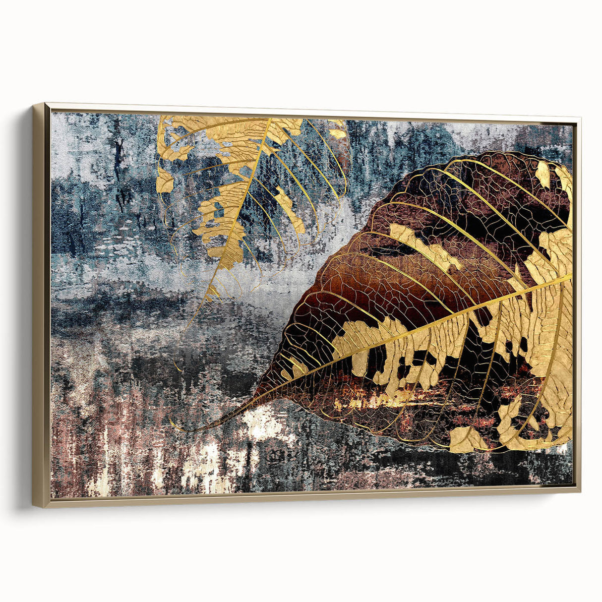 Framed canvas wall art showcasing an abstract design with gold strokes and lines, presented in a sleek, modern frame, ideal for contemporary home decor.