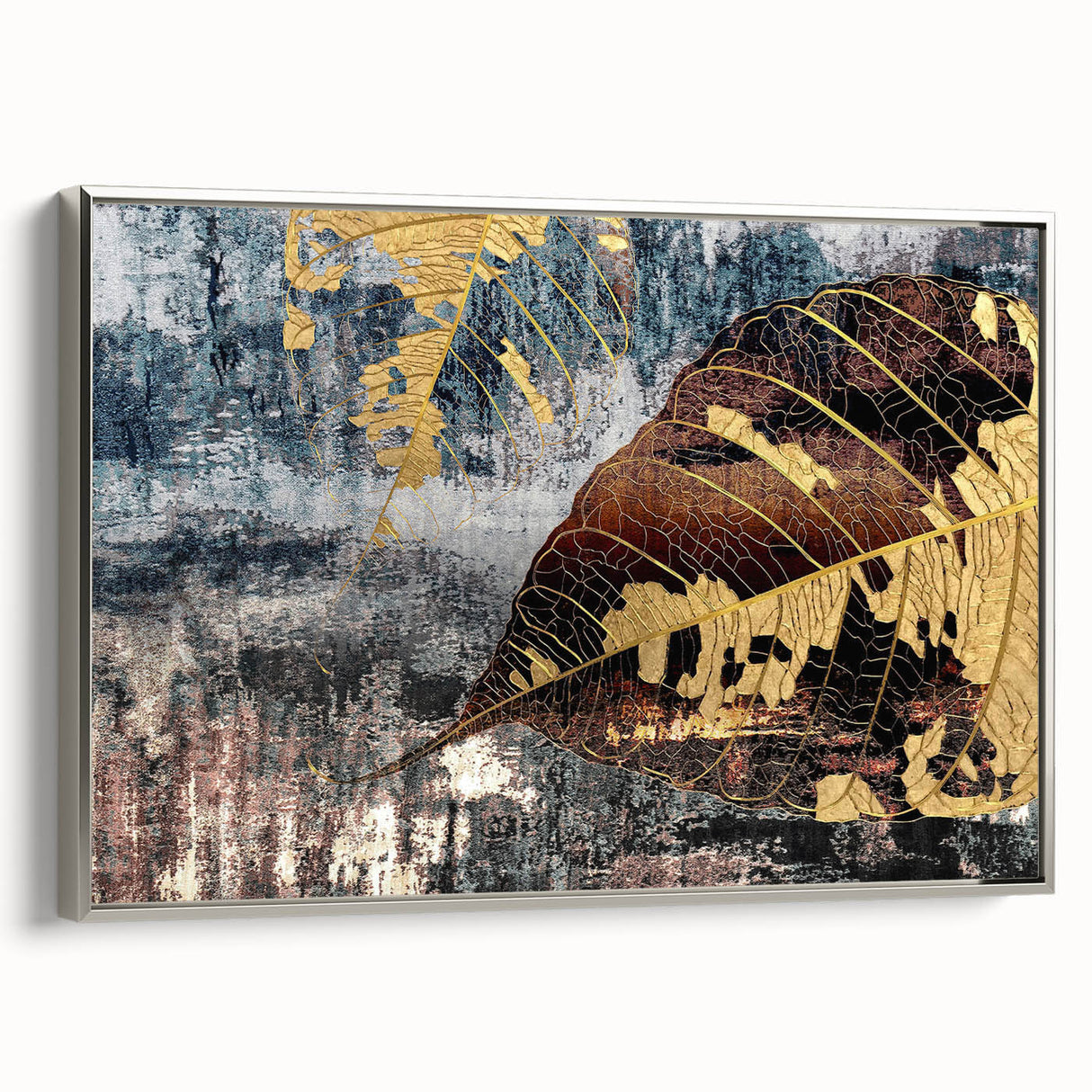 Framed canvas wall art showcasing an abstract design with silver strokes and lines, elegantly displayed from a side view, perfect for modern home decor.