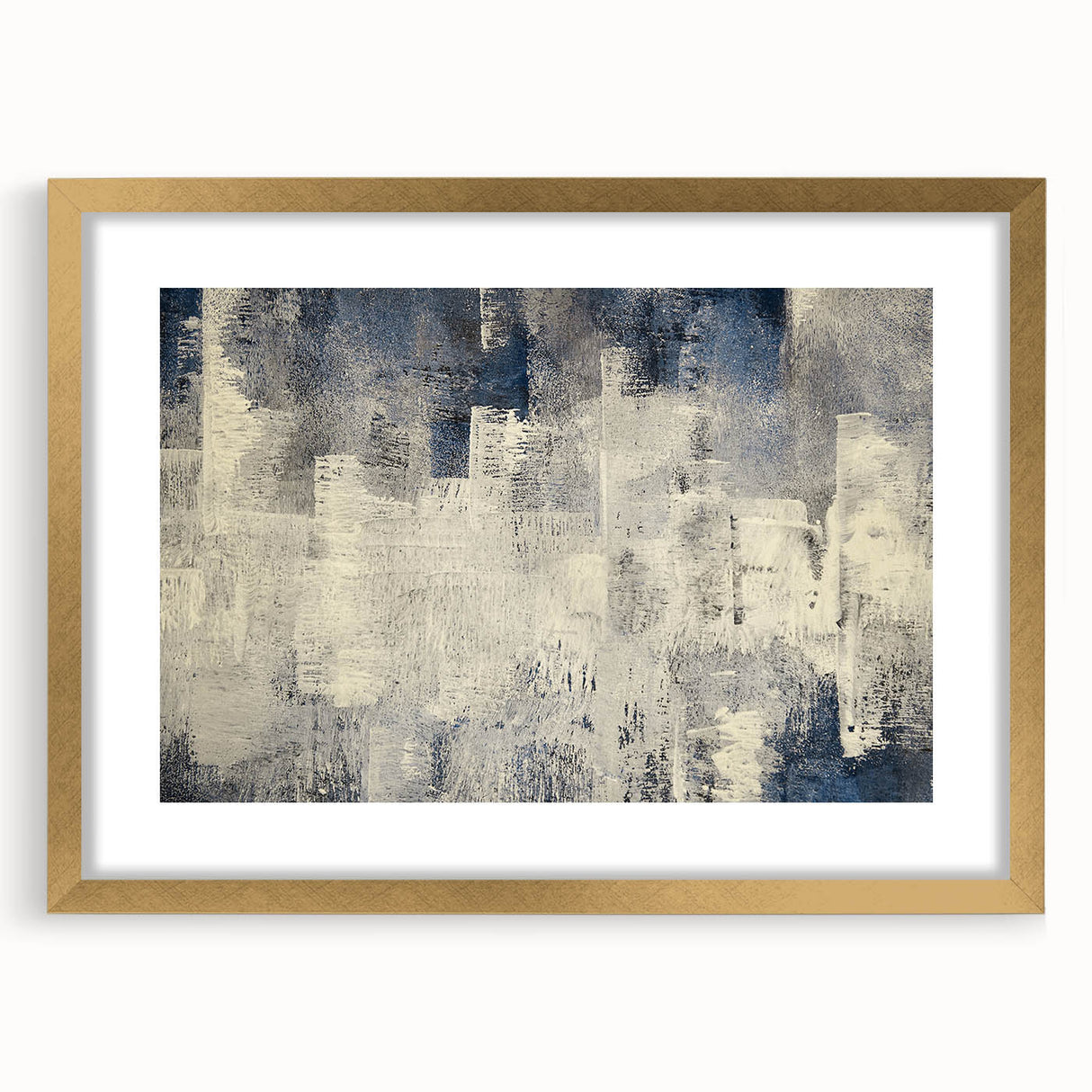 Abstract strokes and lines design in a gold-framed wall art piece, showcasing elegant colors and modern aesthetics, ideal for enhancing contemporary home decor.