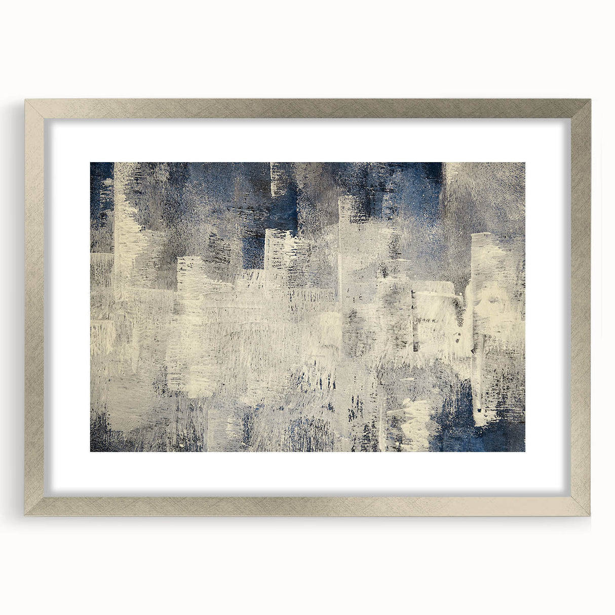 Abstract wall art featuring a dynamic design of colorful strokes and lines, framed in silver with a mat, perfect for modern decor and artistic home styling.