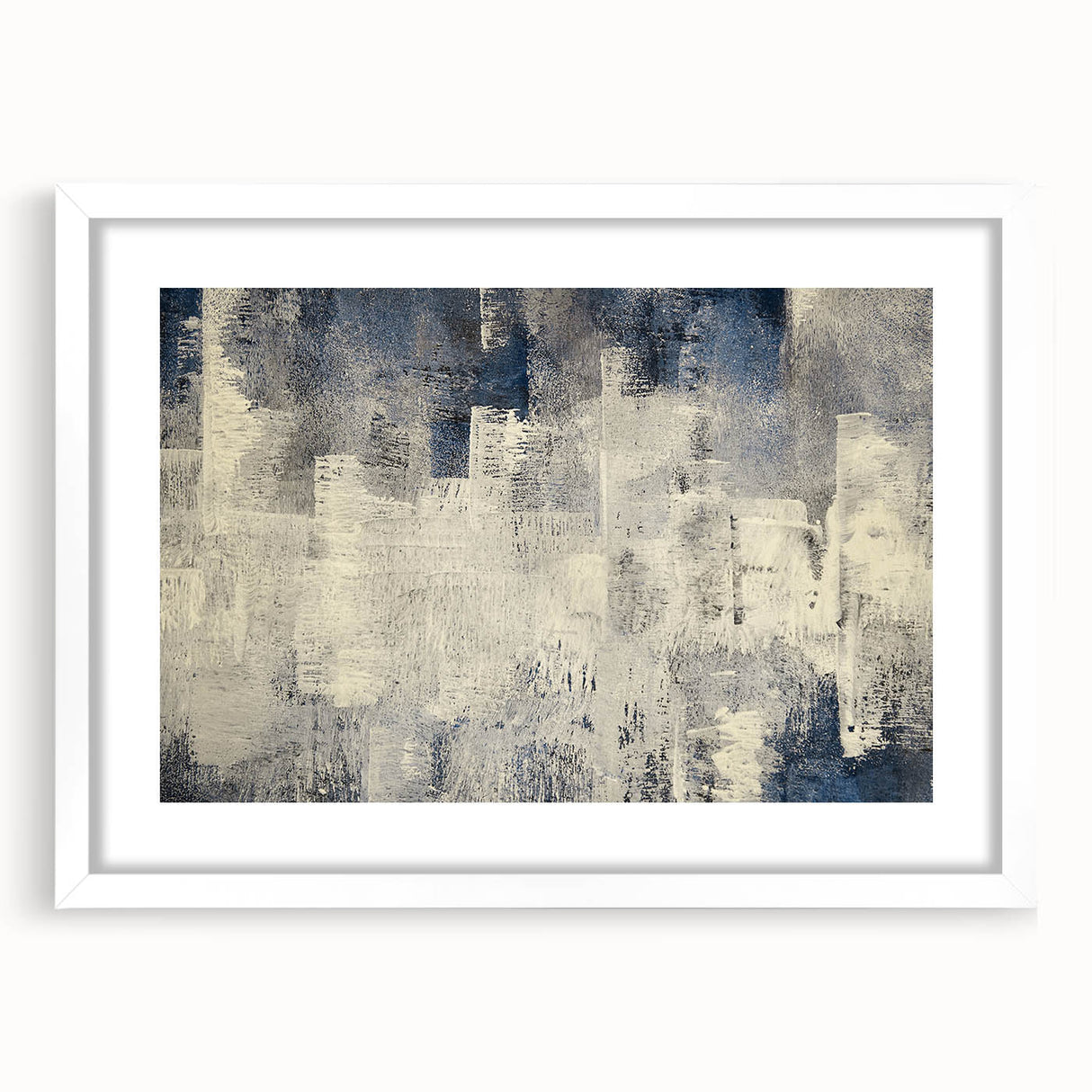 Abstract strokes and lines in muted tones create a modern wall art design, framed with a white mat for a sleek finish, enhancing contemporary decor.