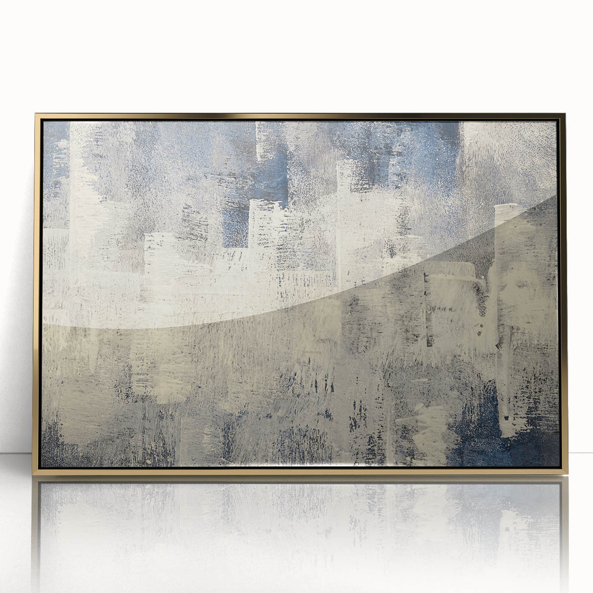 Framed wall art featuring an abstract design of gold strokes and lines on a white background, ideal for modern home decor, adding elegance to any space.