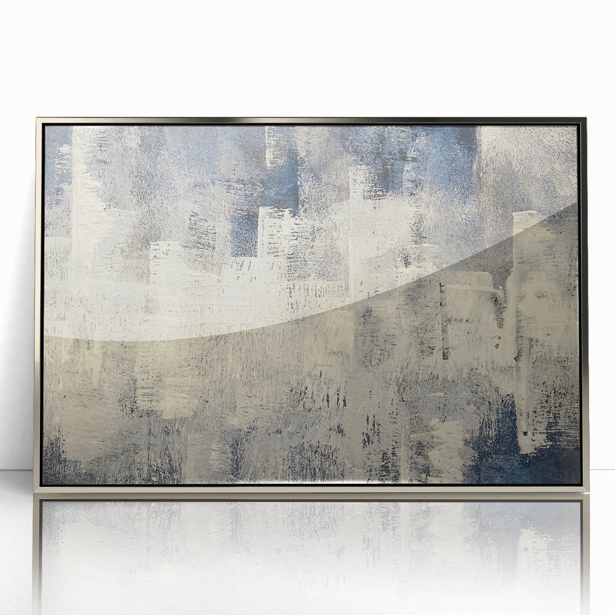 Framed wall art showcasing an abstract design with dynamic strokes and lines in silver tones, perfect for modern decor. Ideal for enhancing contemporary interiors.