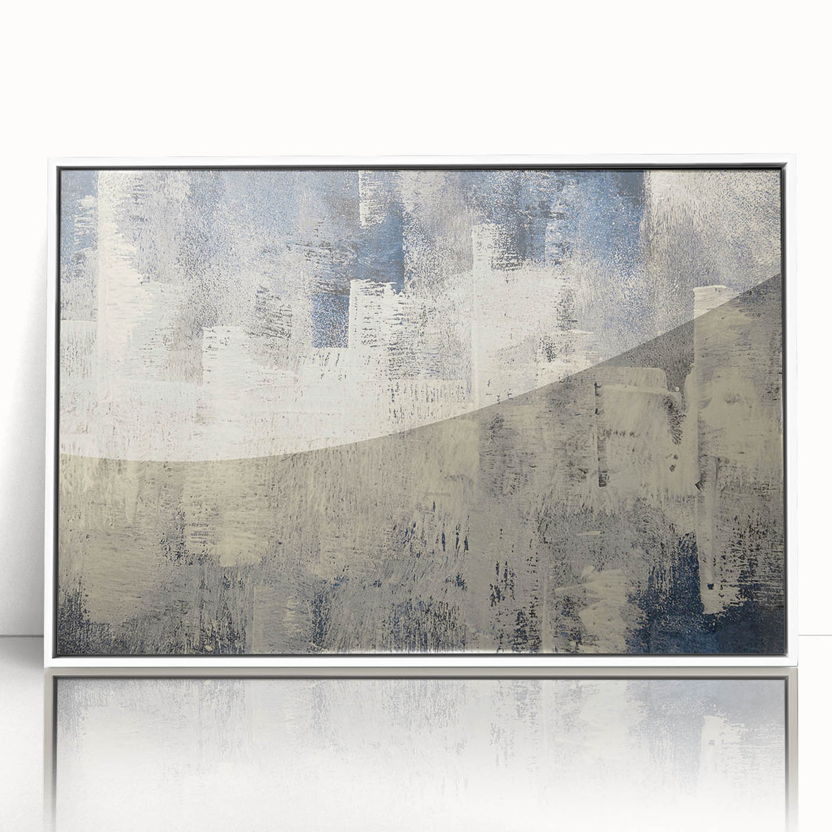 Framed wall art featuring an abstract design of colorful strokes and lines, showcasing a modern aesthetic with a white frame, ideal for contemporary decor.