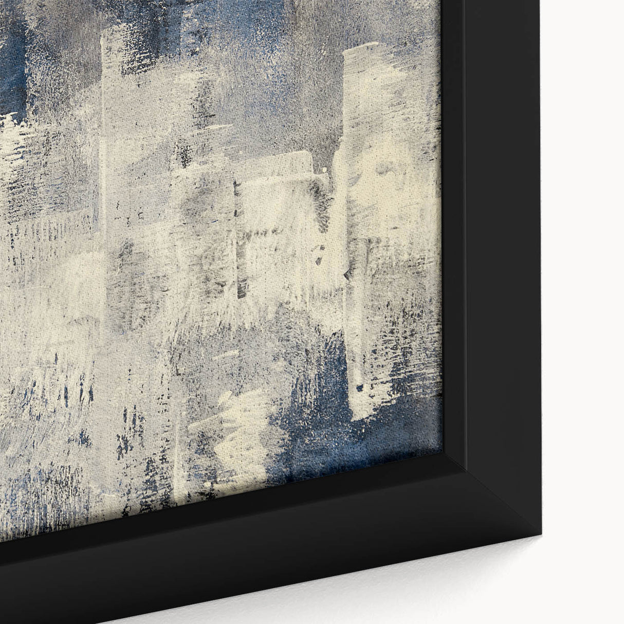 Close-up of a framed canvas wall art piece showcasing abstract strokes and lines in vibrant colors, perfect for modern home decor, enhancing artistic ambiance.