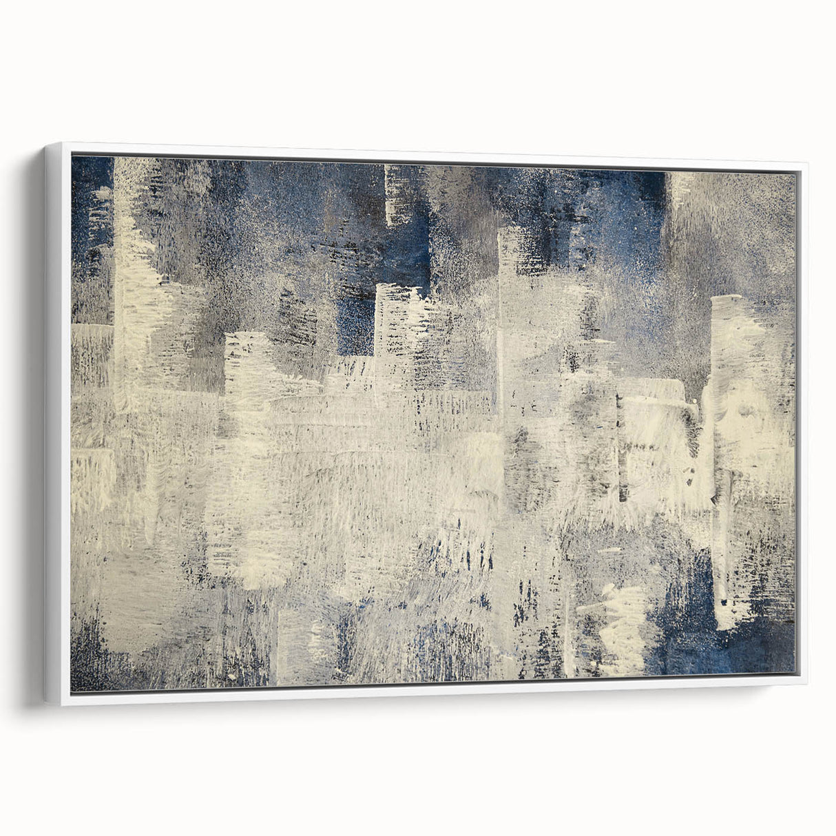 Framed canvas wall art featuring an abstract design with colorful strokes and lines on a white background, showcasing a modern artistic style ideal for home decor.