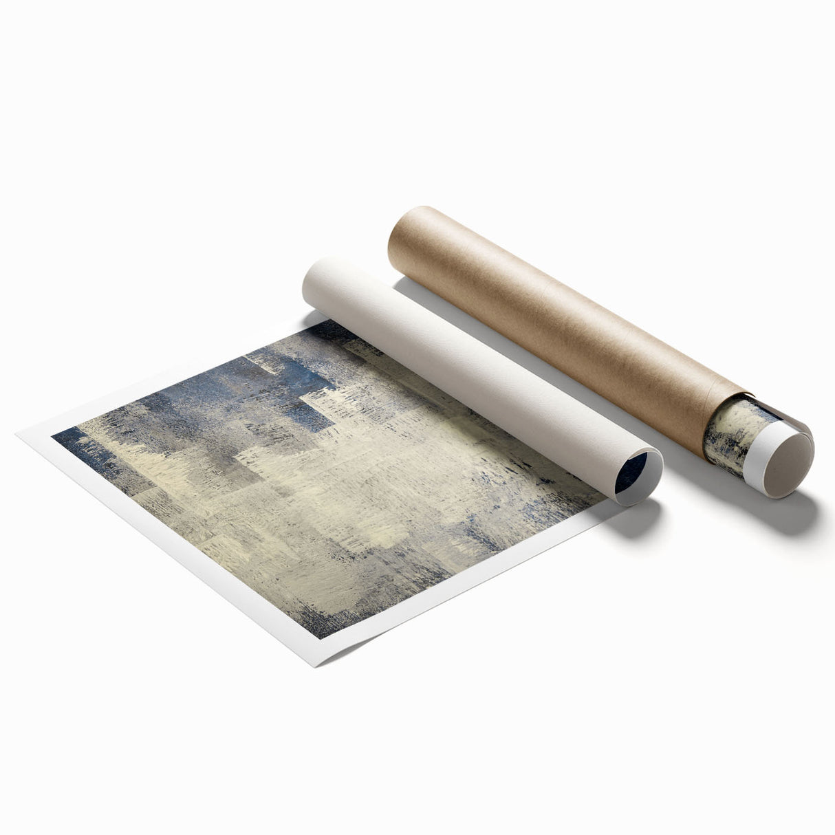 Abstract wall art print featuring vibrant strokes and lines in shades of blue, orange, and yellow, designed to add a modern touch to any interior decor. Perfect for contemporary spaces, this rolled print showcases dynamic movement and artistic flair, enhancing walls with its engaging design.