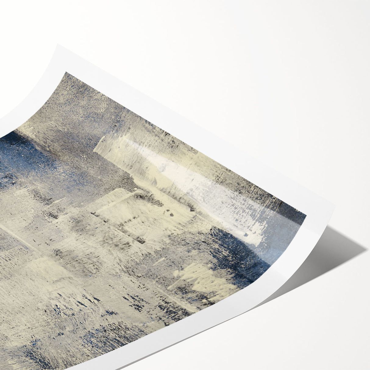 Abstract wall art print featuring vibrant strokes and lines in shades of blue, orange, and yellow, designed for modern home decor, showcasing a contemporary aesthetic.