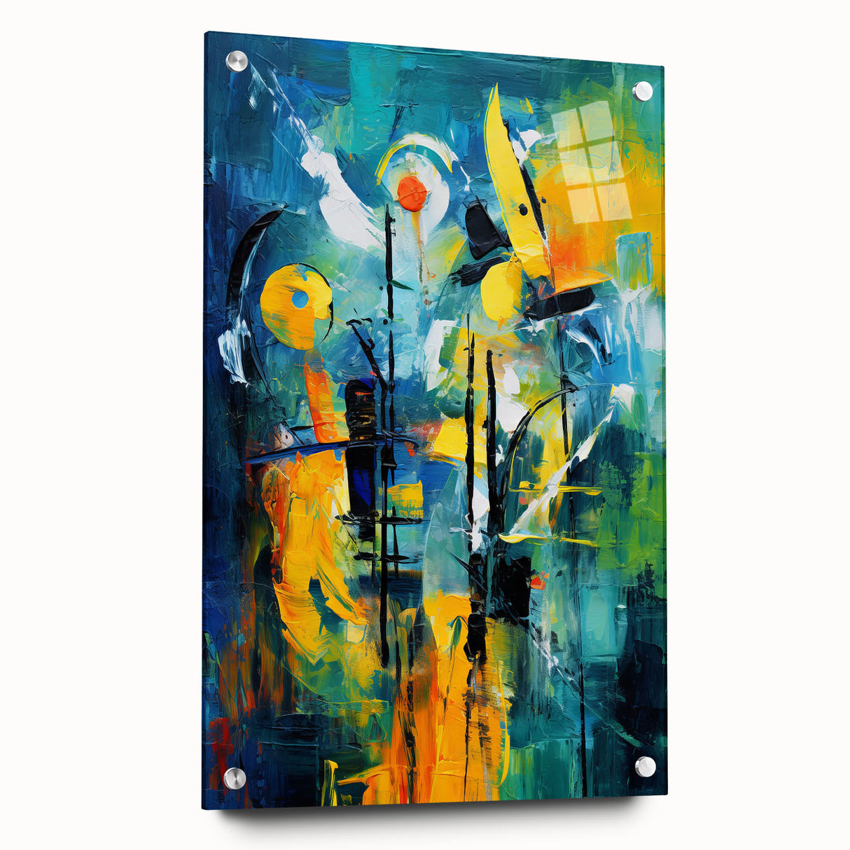 Abstract wall art design showcasing colorful strokes and lines on acrylic glass, elegantly displayed from the side with mounting pins, perfect for modern decor.