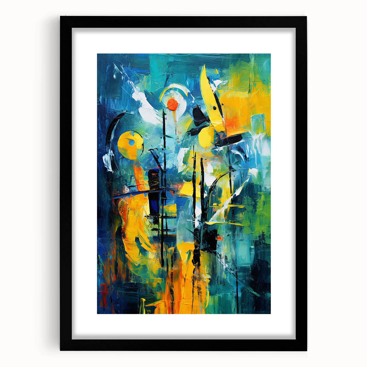 Abstract strokes and lines design wall art in a black frame with mat, showcasing a modern aesthetic suitable for contemporary decor, enhancing interior spaces.