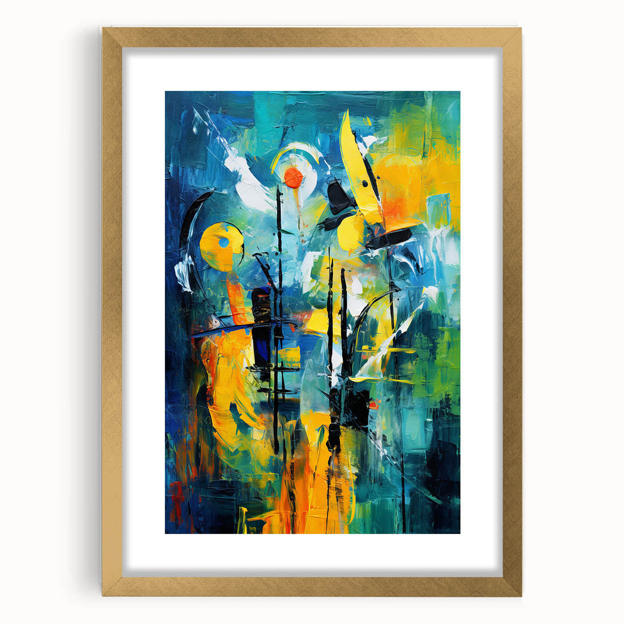Abstract strokes and lines wall art design in a gold frame with mat. Modern decor piece showcasing dynamic colors and shapes, perfect for contemporary interiors.