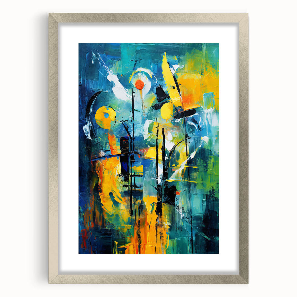Abstract wall art featuring a contemporary design of colorful strokes and lines, framed with a silver mat, perfect for modern home decor. This piece adds a vibrant touch to any living space or office, enhancing the artistic ambiance.