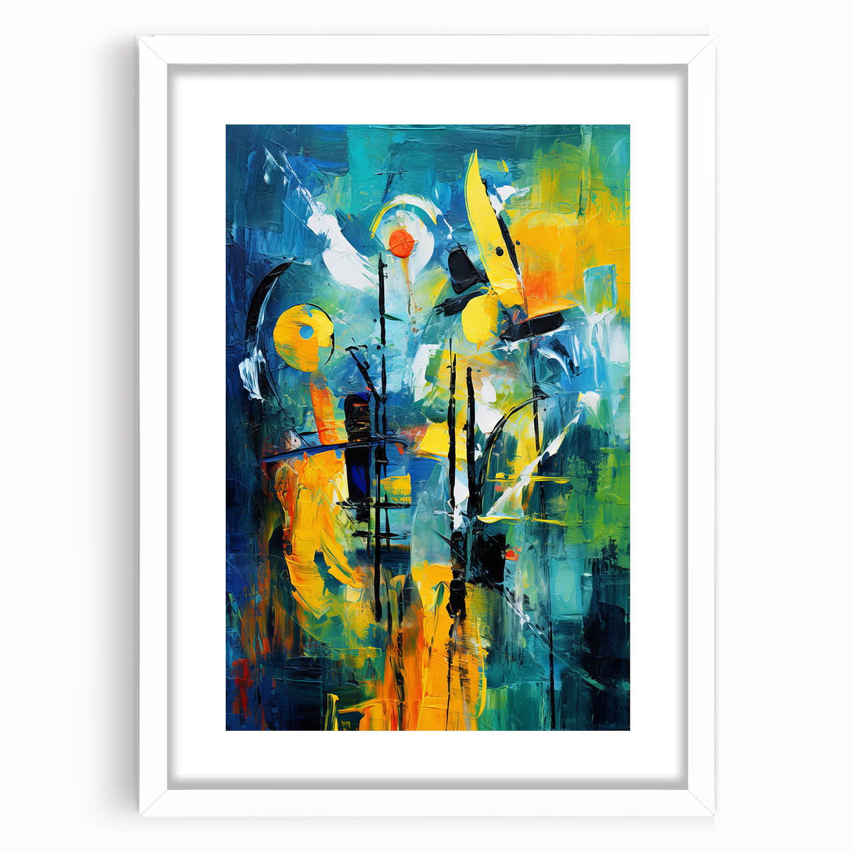 Abstract wall art featuring colorful strokes and lines in a modern design, framed with a white mat, showcasing a contemporary aesthetic for home decor.