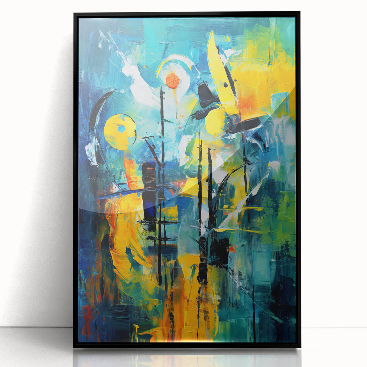 Framed wall art featuring an abstract design of colorful strokes and lines in a modern aesthetic, set against a sleek black frame, ideal for contemporary decor.