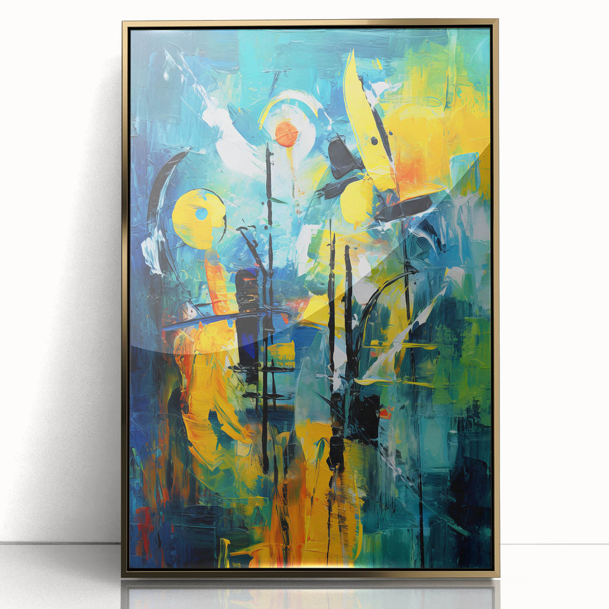 Abstract wall art featuring vibrant strokes and lines in gold and muted colors, framed with an acrylic front for a modern aesthetic, perfect for home decor.