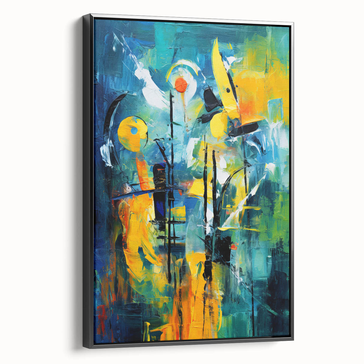 Framed canvas artwork showcasing an abstract design of dynamic strokes and lines in black, perfect for modern home decor, displayed in a sleek side view.