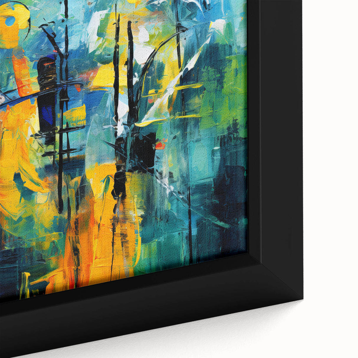 Close-up of a framed canvas featuring an abstract strokes and lines design in vibrant colors, ideal for modern home decor and art enthusiasts. The intricate details showcase a contemporary aesthetic, perfect for enhancing living spaces or offices.