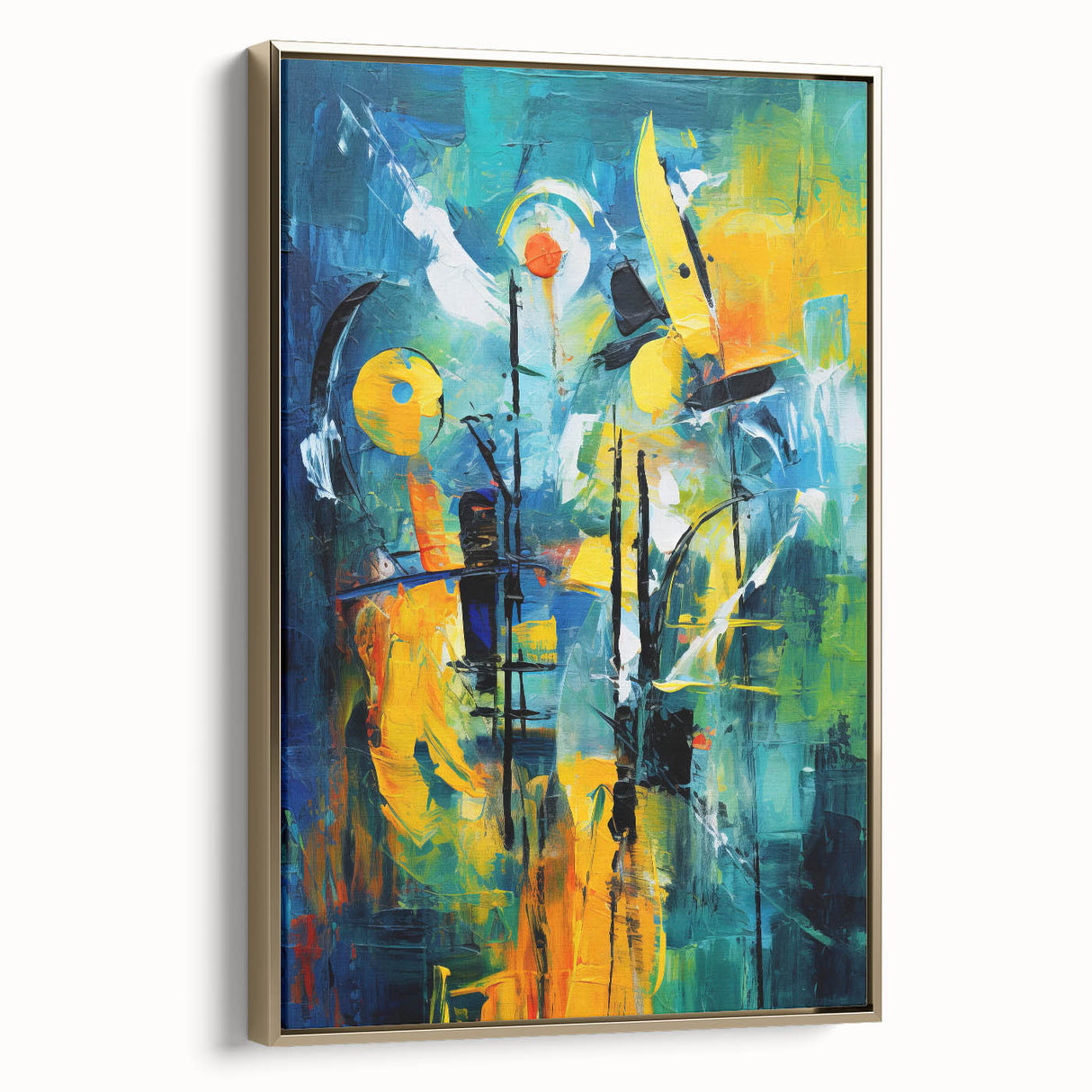 Framed canvas wall art showcasing an abstract design with gold strokes and lines, perfect for modern home decor. Ideal for adding elegance to any room.