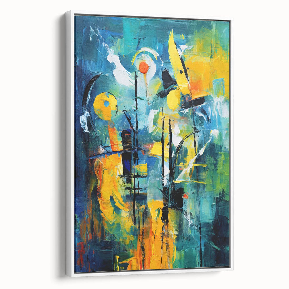 Framed wall art featuring an abstract strokes and lines design in soft pastel colors, showcasing a modern aesthetic perfect for contemporary decor. The artwork is displayed from a side view, highlighting its sleek white frame, ideal for enhancing any living space or office environment.