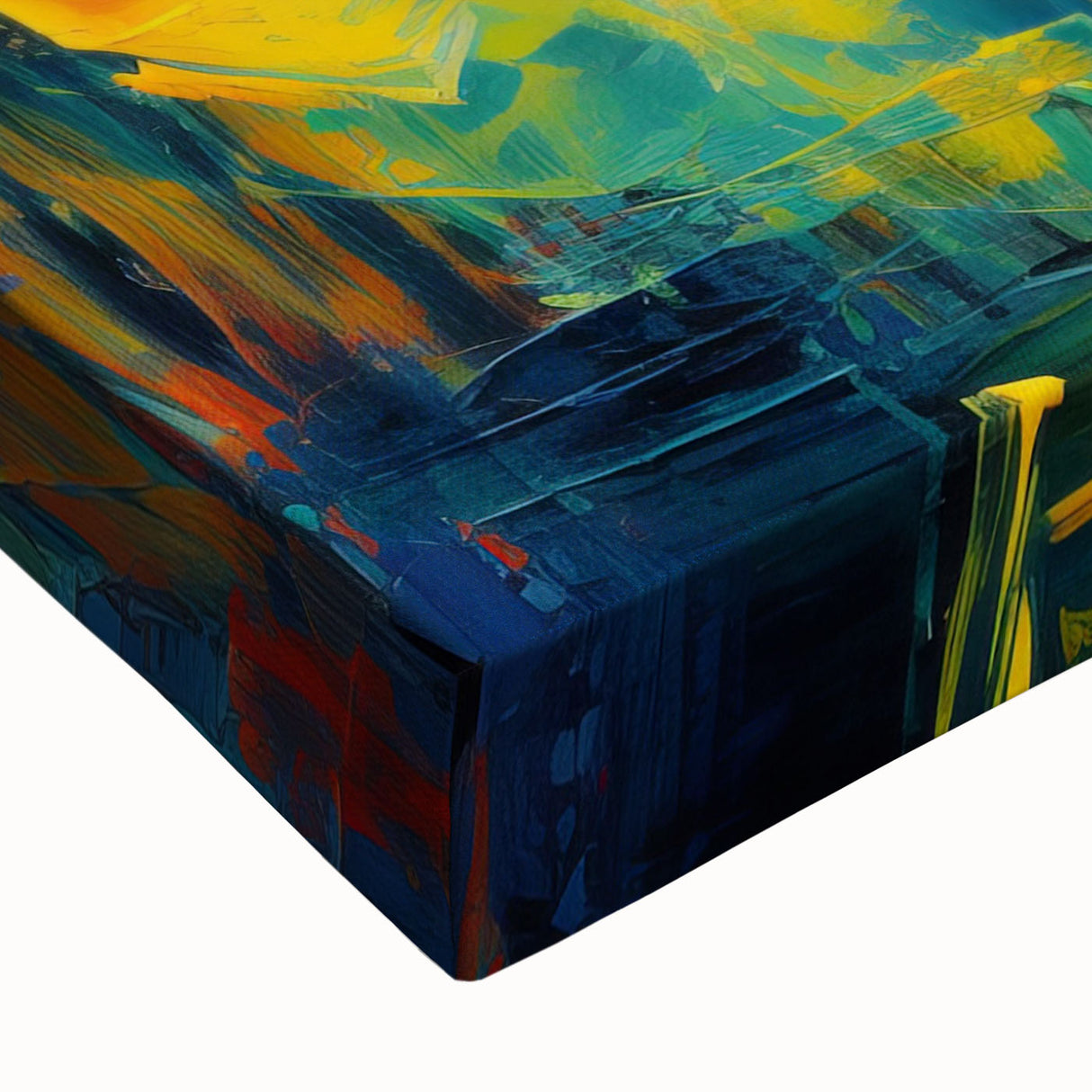 Close-up of a stretched canvas wall art piece showcasing an abstract design with vibrant strokes and lines in shades of blue, yellow, and red, perfect for modern decor.