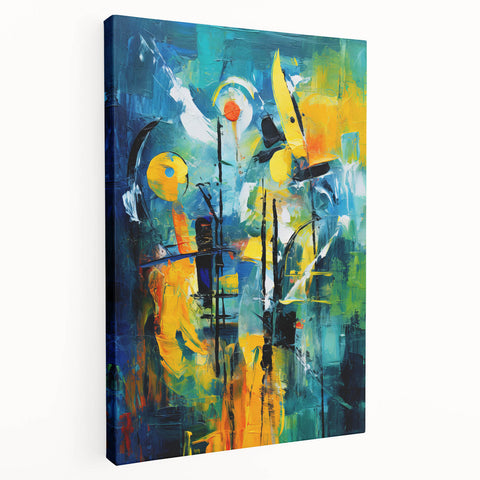 Abstract canvas wall art displaying vibrant strokes and lines in bold colors, elegantly stretched and framed for contemporary decor, enhancing any space.