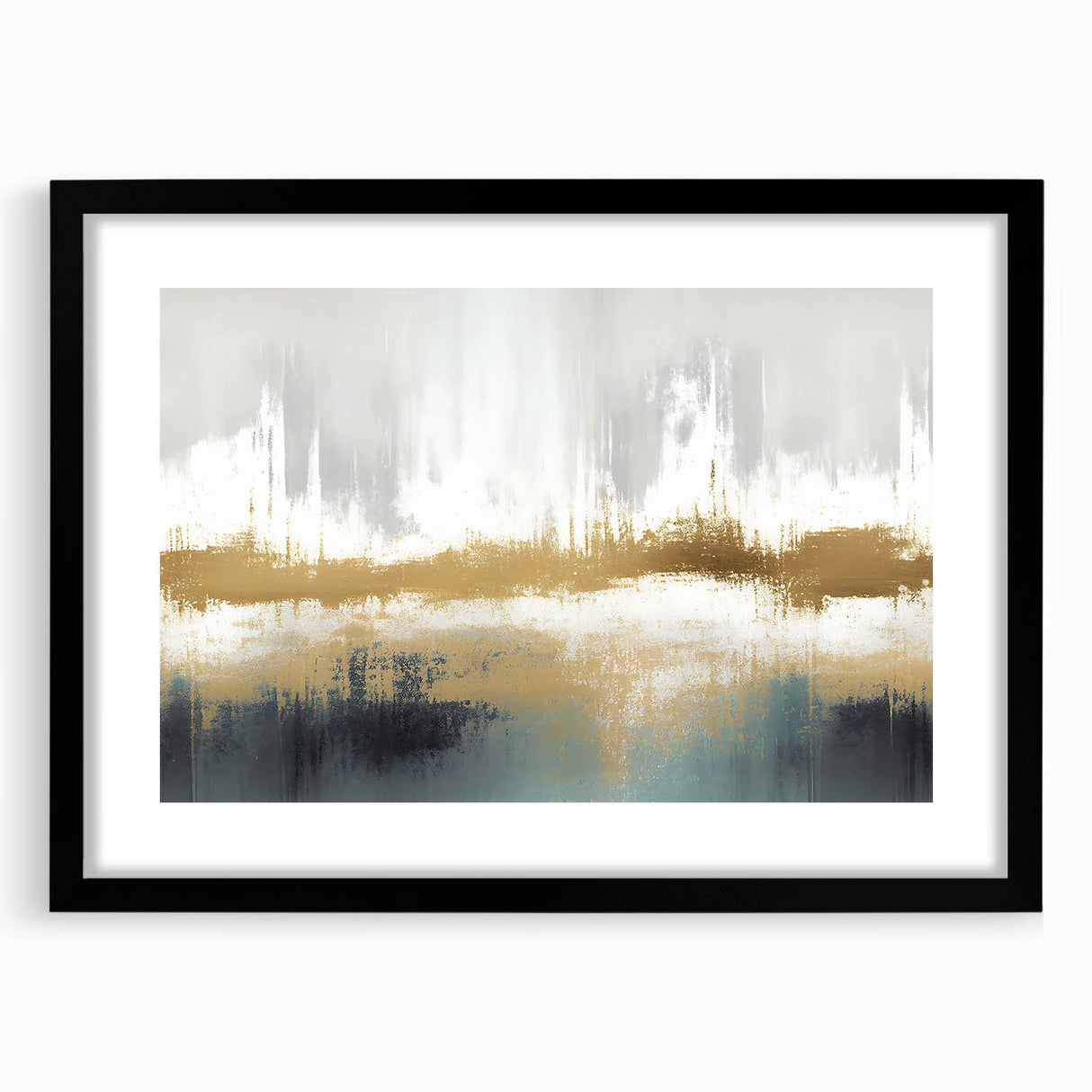 Abstract wall art featuring dynamic strokes and lines in a modern design, framed with a sleek black border and matting, perfect for contemporary decor.