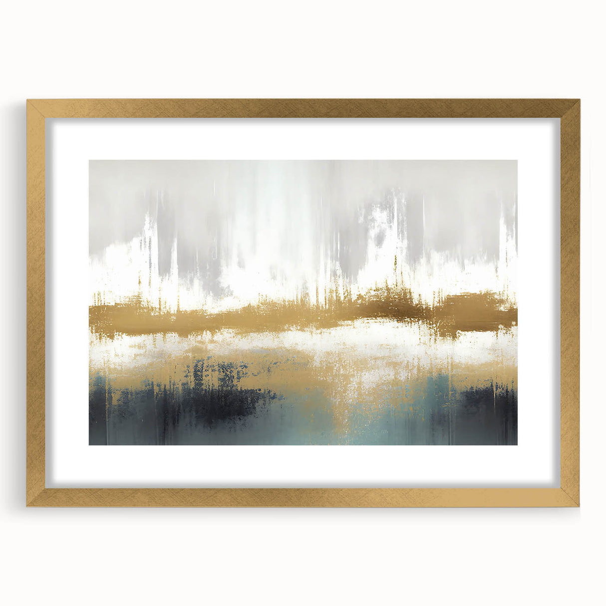 Framed abstract wall art showcasing a striking design of colorful strokes and lines, accented with a gold frame and mat, ideal for modern decor.