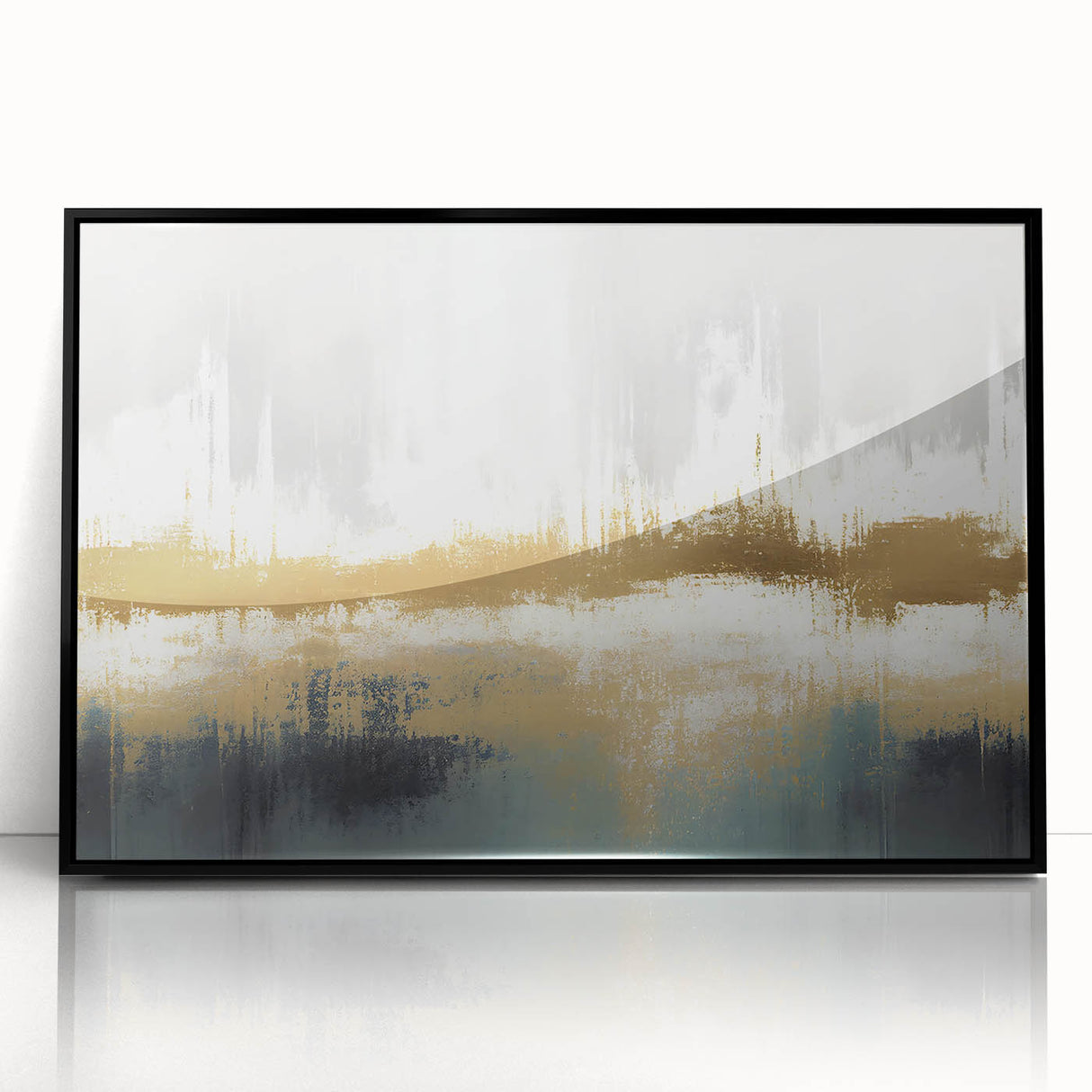 Framed acrylic wall art displaying an abstract design with colorful strokes and lines, featuring a sleek black frame, ideal for modern home decor or office aesthetics.