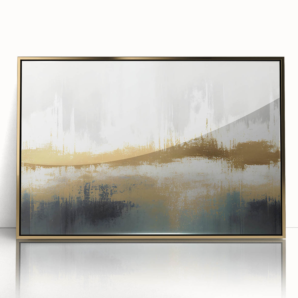 Framed abstract wall art featuring bold strokes and lines in gold and neutral tones, perfect for modern decor, set against a light background.