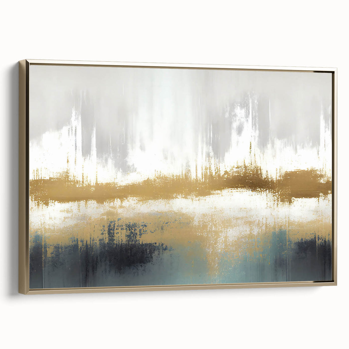 Framed canvas featuring an abstract strokes and lines design in gold, showcasing a modern aesthetic ideal for contemporary home decor. Side view highlights the elegant frame and artistic details, perfect for enhancing living spaces.