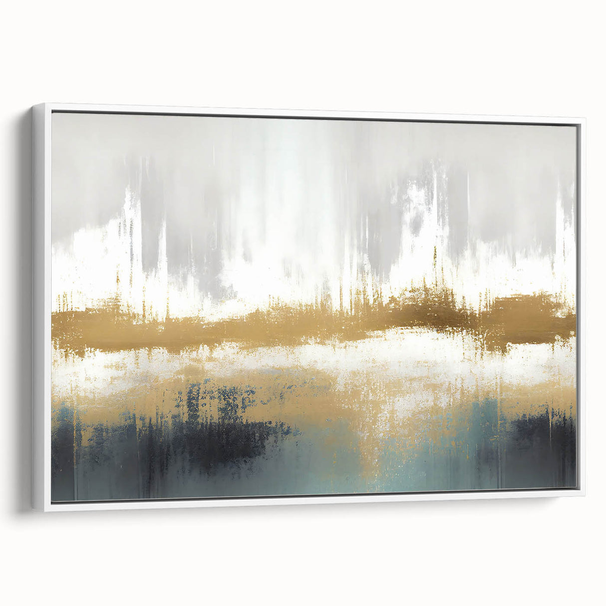 Framed canvas artwork showcasing an abstract design with colorful strokes and lines, set against a white background, enhancing contemporary decor aesthetics.