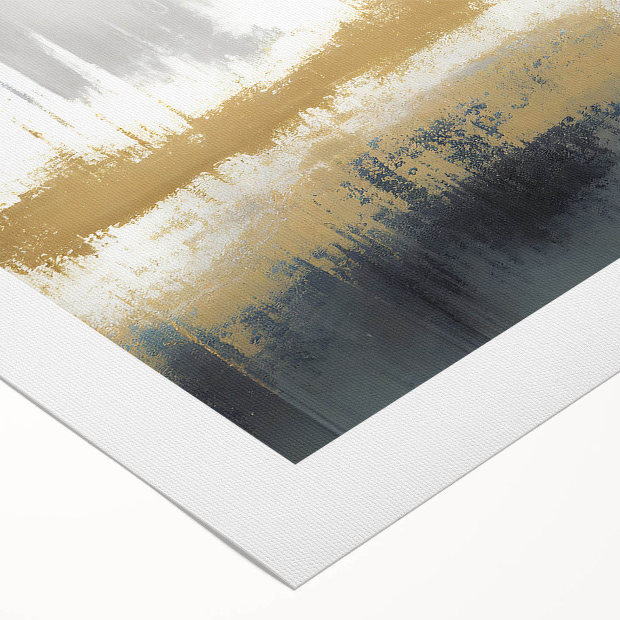 Abstract wall art design featuring vibrant strokes and lines in shades of blue, orange, and yellow, ideal for modern home decor. This rolled canvas print adds a contemporary touch to any living space, enhancing creativity and style.